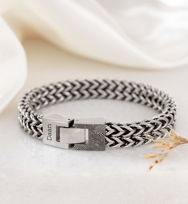 Gegraveerde sieraden Roestvrijstalen Schakelarmband met Vingerafdruk en Naam | RVS