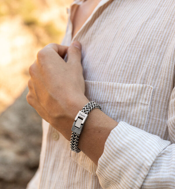 Gegraveerde sieraden Roestvrijstalen Schakelarmband met Vingerafdruk en Naam | RVS