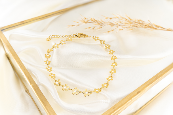 Stainless steel goud enkelbandje bloemetje wit