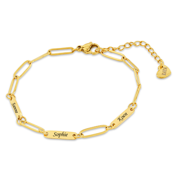 KAYA sieraden Gepersonaliseerde 3 Namen Armband 'Paperclip'